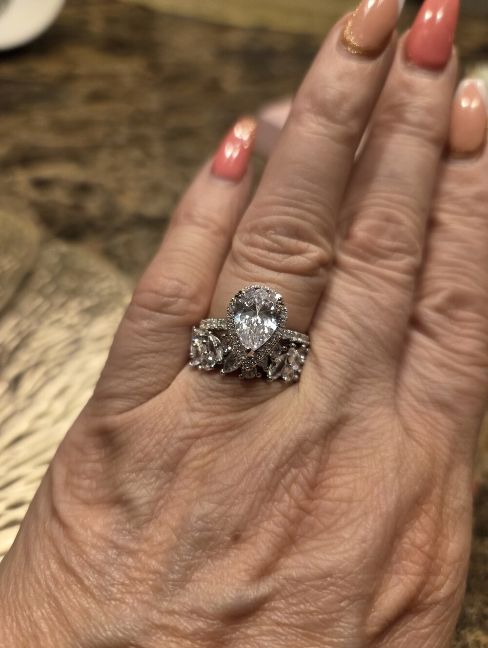 Silver Pear-Cut 5a Ideal Cut CZ Engagement Ring Bridal Set - Clear 4 Ct. Center